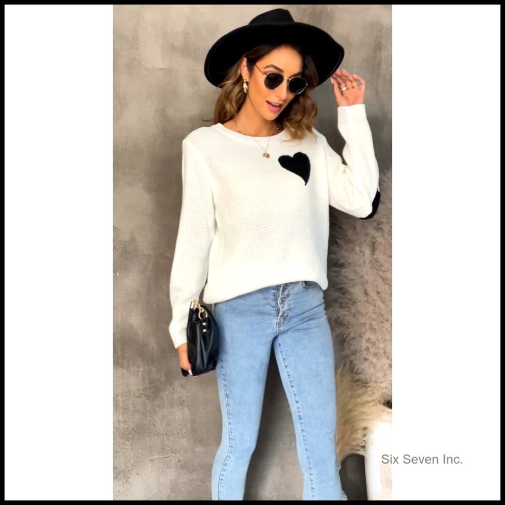 Cute Heart Pattern Elbow Patchwork Knitted Pullov… - image 7